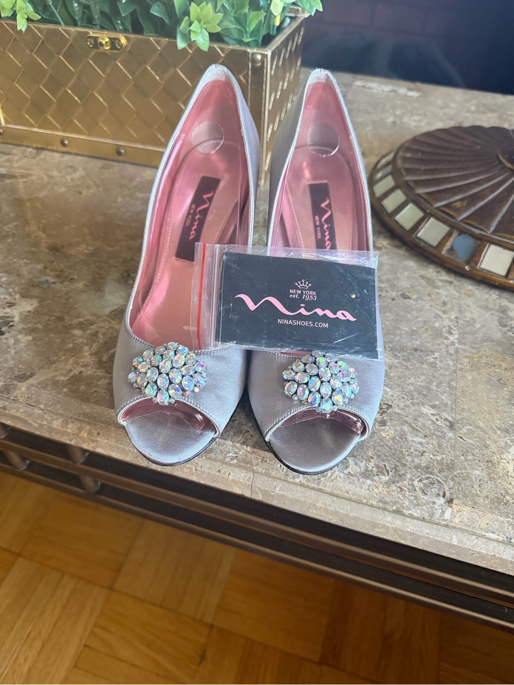 Nina Silver Satin Peep-Toe Heels with Crystal Cluster